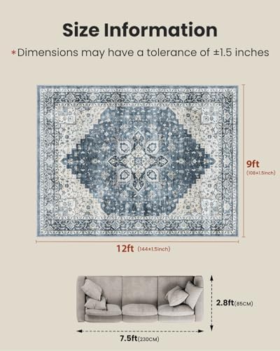 Amada Large 9x12 Washable Area Rug for Living Room, Blue, Vintage Pattern - Image 2