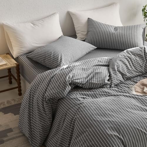MooMee Striped Duvet Cover Set 100% Washed Cotton Linen Like King - Image 4