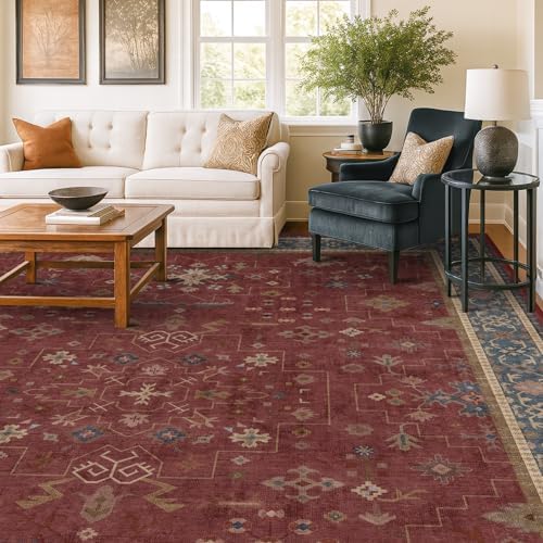 Hazo Haus Oriental 8x10 Large Area Rugs for Living Room - Burgundy Rug for Bedroom Under Bed, Dining Room Under Kitchen Table, Washable Soft Non Slip Unique Indoor Décor by HazoHaus