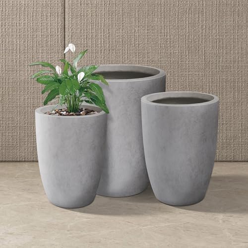 Kante 18.1",20.5",22.4" H Tall Round Concrete Planters Set of 3, Outdoor Indoor Modern Decorative Plant Pots with Drainage Hole & Rubber Plug for Home & Garden Natural Concrete - Image 3