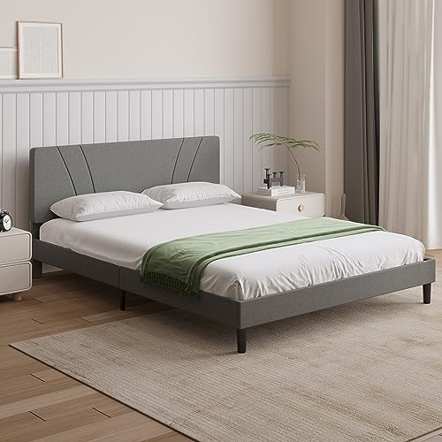 Novilla Full Size Bed Frame No Box Spring Needed with Adjustable Headboard Upholstered Platform Bed with Strong Wooden Slats, Easy Assembly, Light Grey by Novilla