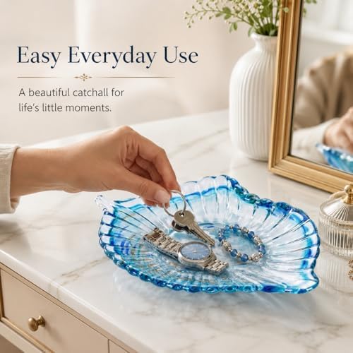 Hand Blown Glass Seashell Fruit Bowl,Gradient Decorative Glass Bowl for Kitchen Countertop,Coastal Seashell Serving Tray for Fruit Snacks,Art Table Centerpiece for Beach House Kitchen Decor (Blue) - Image 3