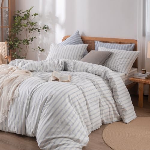 BESTOUCH Striped Cotton Duvet Cover Set Linen Feel Full - Image 6