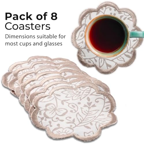 Ridhi 8-Pcs 100% Cotton Hand Block Print Drink Coasters 5" in Taupe Jal - Image 2