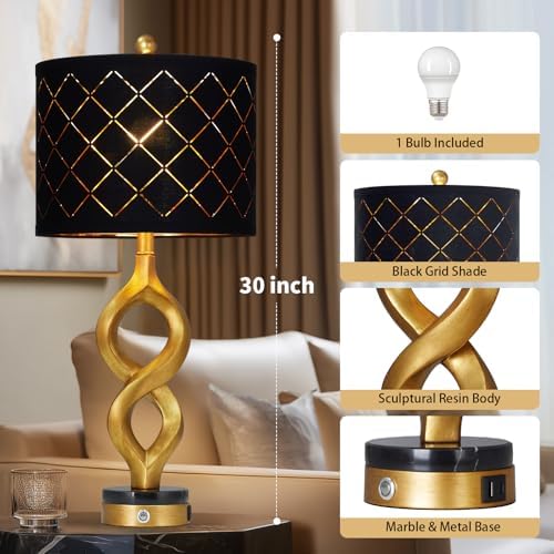 Cinyirong 30" Black and Gold Table Lamp for Living Room, Modern Touch Control Bedside Lamp for Bedroom, 3-Way Dimmable Sculptural Resin Nightstand Lamp with USB A+C Ports and 1 LED Bulb (1 Pack) - Image 2