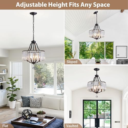 Black Crystal Chandeliers for Dining Room, 4-Light Modern Round Chandeliers 15.7" for Living Room Kitchen Hallway Bedroom Foyer Hall, Adjustable Height Hanging Light Fixture - Image 5