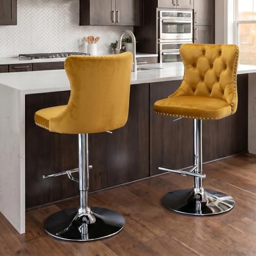 SoarFlash Velvet Bar Stool Set of 2, Adjustable Swivel Bar Stools with Silver Plated Metal Leg, Button Tufted, Footrest, Chrome Nailhead, Counter Height Chair for Kitchen, Bar, Dining Room (Gold) - Image 3