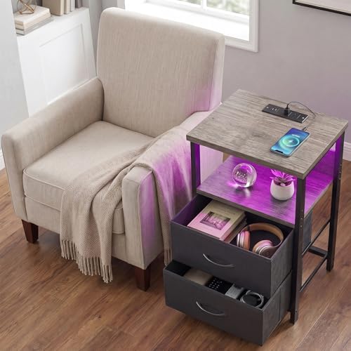 Fixwal Night Stand with Charging Station, Led Nightstand, 2 Fabric Drawers - Image 6