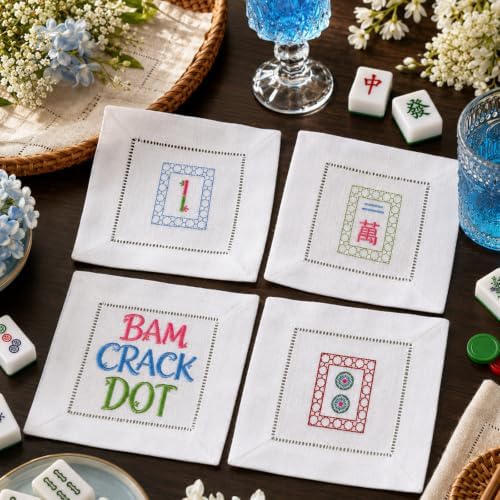 Chumia 4 Pcs Mahjong Gift Embroidered Napkins for Mahjong Lovers, Novel - Image 5