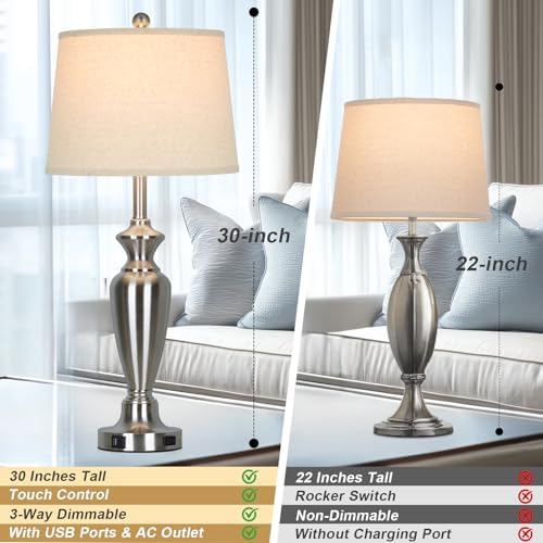 Cinyirong 30" Tall Silver Table Lamps Set of 2 for Living Room, 3-Way Dimmable Touch Control Bedside Lamps for Bedroom Nightstand with USB A+C Ports & AC Outlet (2 LED Bulbs Included) - Image 3