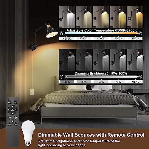 TRLIFE Dimmable Wall Sconce, Remote Control Plug in Wall Sconces Dimming 10%-100% and Adjustable Color Temperature 2700K-6000K, Swing Arm Wall Lights with Plug in Cord, UL Listed(2 Pack, 2 Bulbs) - Image 3