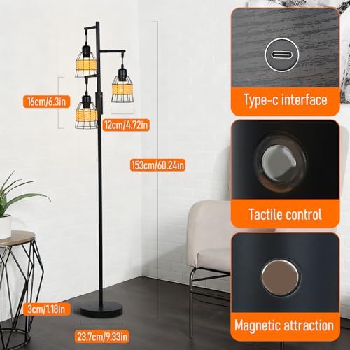 Rattan Boho Rechargeable Cordless Floor Lamp with Remote Dimmable 3 Bulb Edison E26 Brown Warm Light Vintage Standing Lamp for Bedroom,Outdoor,Living Room Rustic,Patio,Farmhouse,60.6" Black - Image 7