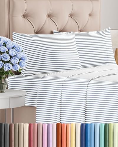 King Size 4 Piece Sheet Set - Breathable & Cooling Sheets - Blue Stripes by CGKUnlimited