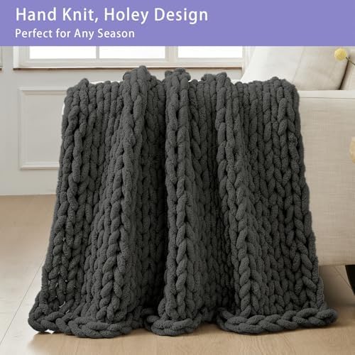 Bigacogo Chunky Knit Throw Blanket for Couch, 80x90 inches, Dark Grey - Image 4