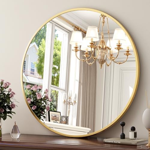 XRAMFY 20 Inch Round Mirror - Circle Mirrors for Bathroom, Entryway and Living Room Wall Decor, Modern Hanging Vanity Mirror, Matte Gold Circle Decorative Wall Mirror - Image 2