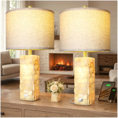 Scenekoy Alabaster Table Lamps with Night Light, Bedside Lamp with USB A+C by SCENEKOY
