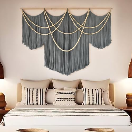 Large Macrame Wall Hanging Grey Boho Wall Art Beaded Decor 57"W*39"L by FLBER