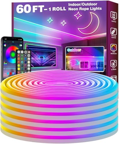 FBZ 60Ft Led Rope Lights, Flexible Neon Lights Control with App/Remote, Multiple Modes, IP65 Outdoor RGB Waterproof, Music Sync Gaming Light Strip for Bedroom Decor by Unknown