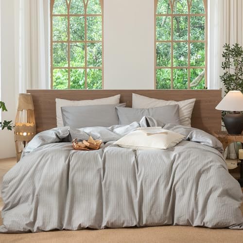MooMee Striped Duvet Cover Set 100% Washed Cotton Linen Like King by MOOMEE