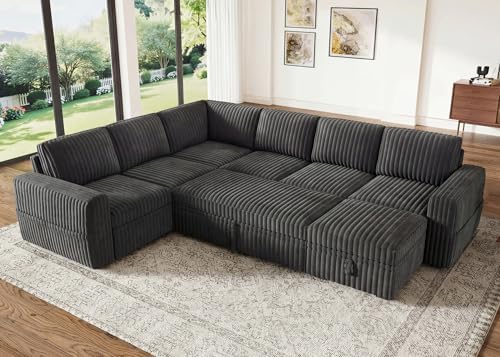 HONBAY Modular Sectional Sleeper Sofa with Pull Out Bed,Corduroy U Shaped Couch with Storage, Sectional Couches for Living Room,Dark Grey by HONBAY