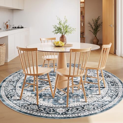 Amada Round 4x4 Washable Area Rug for Living Room, Blue, Vintage Style - Image 3