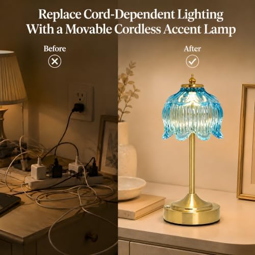 Lotus Flower Table Lamp, Cordless Rechargeable Amber Glass Bedside Lamp | 3600mAh Battery, Touch Control, 3 Color Modes & Stepless Dimming for Bedroom, Nightstand Lake Blue 1PC - Image 6