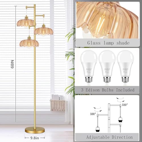 QIYIZM Glass Floor Lamp for Living Room,Bedroom,Gold Mid Century Modern Standing Lamp Brass Tree 3 Light Tall Floor Lamps Vintage Retro Floor Lights Flower Lamp Shade Farmhouse Boho Bohemian - Image 4