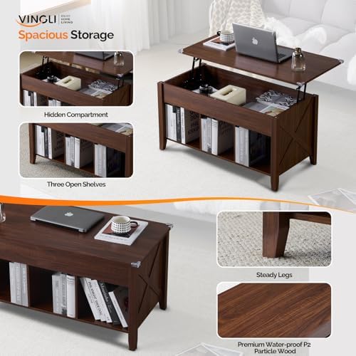VINGLI Farmhouse Lift Top Coffee Table,38" Living Room Table,Rustic Brown - Image 4