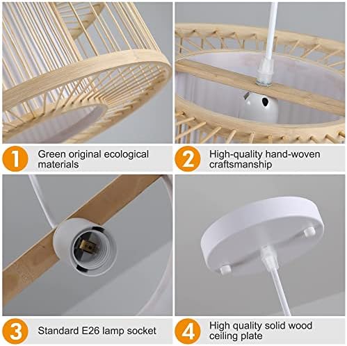 Boho Rattan Pendant Lights, 15.8" Coastal Drum Wicker Hanging Light Japanese Country Light for Dining Room Kitchen Living Room Bedroom, 1-Light E26 Base - Image 6