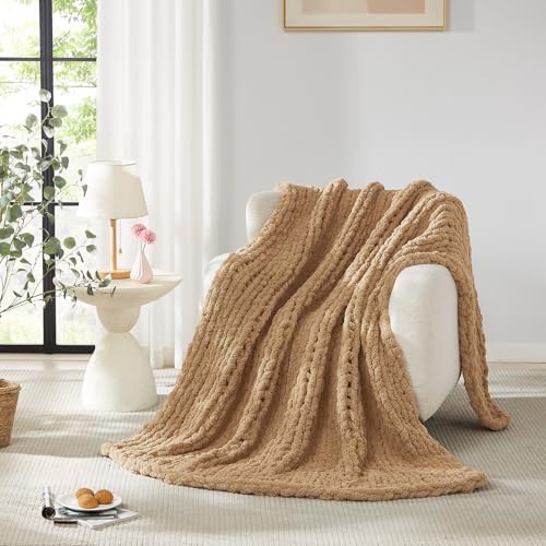 L'AGRATY Chunky Knit Throw Blanket for Couch, 80'' x 90'' Knit Throw, Tan - Image 4