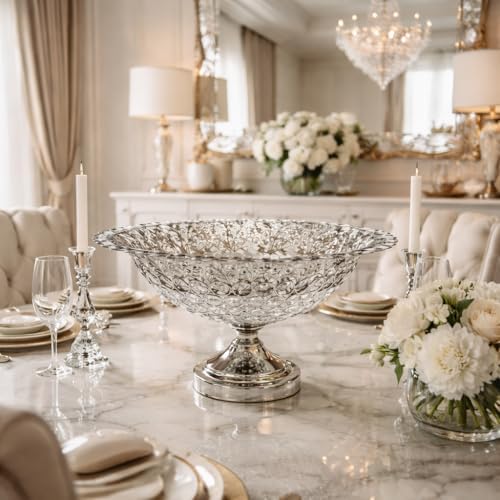 ICE Armor 14" W Polished Silver Filigree Pedestal Bowl with Crystal Accents Candle Holder Elegant Home Décor Accent, Decorative Candle Holder, Warm & Thoughtful Gift Idea by ICEARMOR