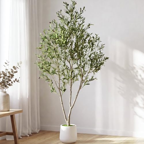 7FT Artificial Olive Tree Indoor with White Pot Tall Planter, Faux Olive Tree with Natural Wood Trunk and Lifelike Fruits for Home Office Living Room Decor by Arborvigro