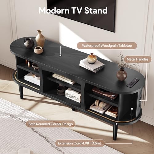 Decofy Mid Century TV Stand for TVs up to 65 Inches, Entertainment Center with Storage, Power Outlet, Fluted Sliding Doors & Adjustable Shelves, Modern Media TV Console Table for Living Room (Black) - Image 6