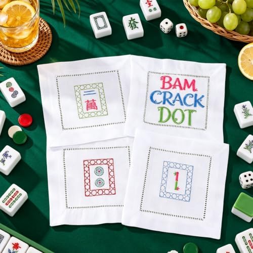 Chumia 4 Pcs Mahjong Gift Embroidered Napkins for Mahjong Lovers, Novel by Chumia