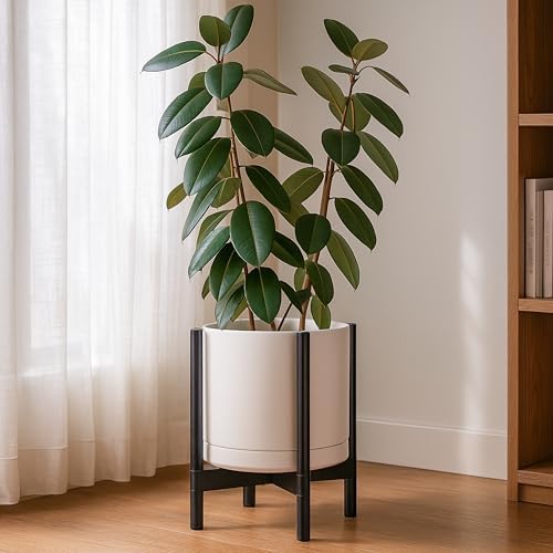 D'vine Dev Ceramic Pot with Ebony Wood Stand, Oatmeal, 14 in, 55-B-S-8 - Image 4