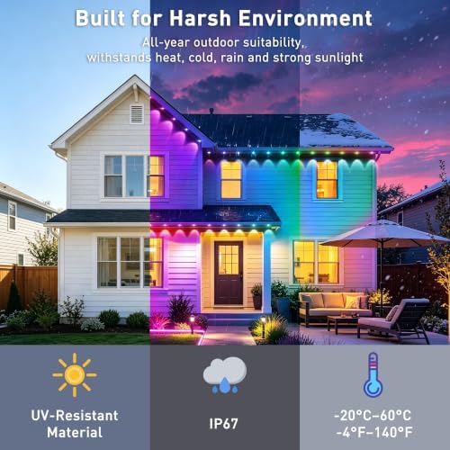 500FT Permanent Outdoor Lights RGB+IC, IP67 Waterproof Lighting, Outdoor Lights App ControlRemote with 16 Million Colors, Music Sync for Outdoor Decor, Garden Decor, Holiday, House, Party - Image 2