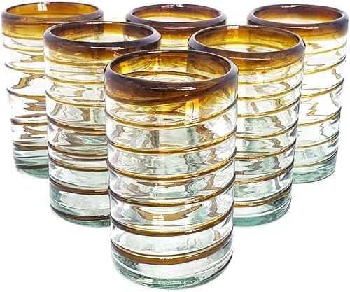 Amber Spiral 14 oz Drinking Glasses (set of 6), Recycled Glass, Lead-free, Toxin-Free (Drinking) by MexHandcraft