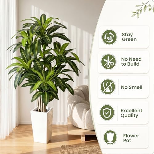 Artificial Dracaena Tree 5FT, Stable Multi-Trunk Fake Tree Indoor with White Tall Planter,Faux Silk Plant for Living Room Office Decor, UV Resistant Realistic Leaves - Image 3