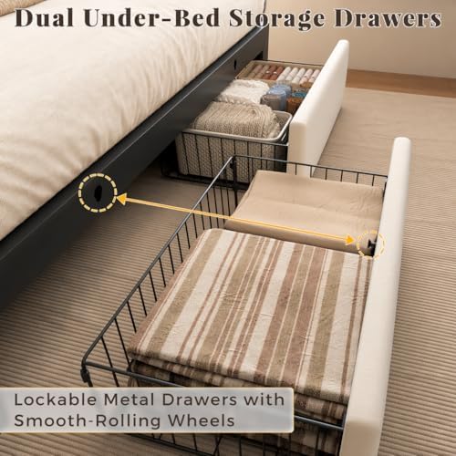 Queen Bed Frame with 2 Storage Drawers, Beige Velvet Upholstered - Image 4