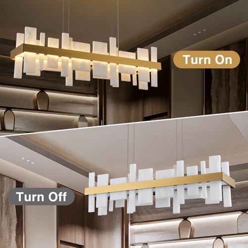 Alabaster Rectangle Chandelier, Natural Spanish Stone Texture Chandeliers, 46.8" Adjustable Alabaster Chandelier Over Table for Dining Room, Bedroom, Island– Modern Luxury Ceiling Lighting - Image 3