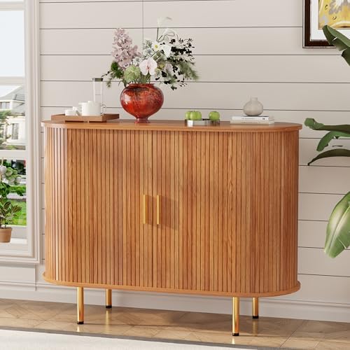 DHH Sideboard Buffet Cabinet with Storage,Mid Century Modern Fluted Accent Coffee Bar Console Table,Tambour Sliding Doors& Adjustable Shelf for Kitchen, Living Room, Entryway (Yellow walnut40 Inch) by DHHFurnitureBuyNow