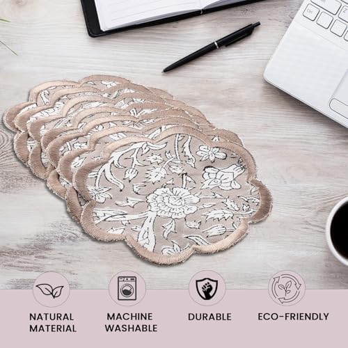 Ridhi 8-Pcs 100% Cotton Hand Block Print Drink Coasters 5" in Taupe - Image 4