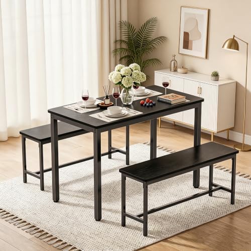 Dining Table Set for 4, 3 Piece Dining Room Table Set for Space-Saving, Modern Kitchen Table with 2 Benchs for Apartment Breakfast Nook and Samll Space, Black - Image 3