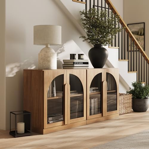 BELLEZE Set of 2 Modern Sideboard Buffet Cabinets (63" Wide) - Large Kitchen Credenza with 4 Arched Glass Doors - Seamless Storage Console Sideboard for Kitchen, Living Room - Camel - Image 5