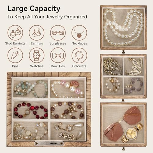 Miratino Jewelry Boxes for Women, 5 Layer Large Wooden Jewelry Organizer Box with Lock, Mirror & Drawers, Jewelry Boxes & Organizers for Necklaces Earrings Rings Bracelets (Rustic Brown) - Image 6