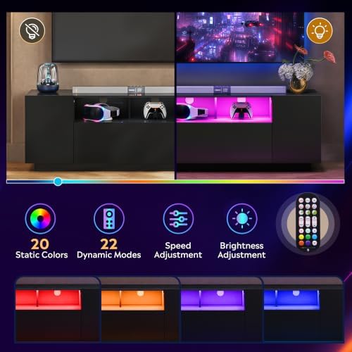 WLIVE TV Stand with LED Lights & Large Storage Cabinet, Modern Entertainment Center for 32/43/50/55 Inchs TVs, Sturdy Media Console for Living Room, Bedroom,Gaming(Black) - Image 4