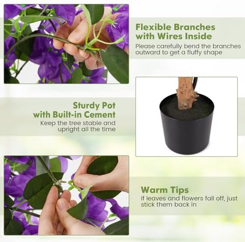 Goplus 53” Bougainvillea Artificial Tree, 2 Pack Faux Silk Flower Tree in Pot w/ 576 Flowers, 288 Leaves, Tall Fake Floor Plant, Artificial Plants for Indoor Outdoor Bedroom Living Room Decor, Purple - Image 5