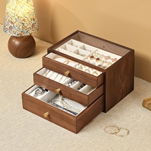 Black Walnut Jewelry Box for Women, 3 Layer Wooden Organizer with Glass Lid by Vwixkuxx