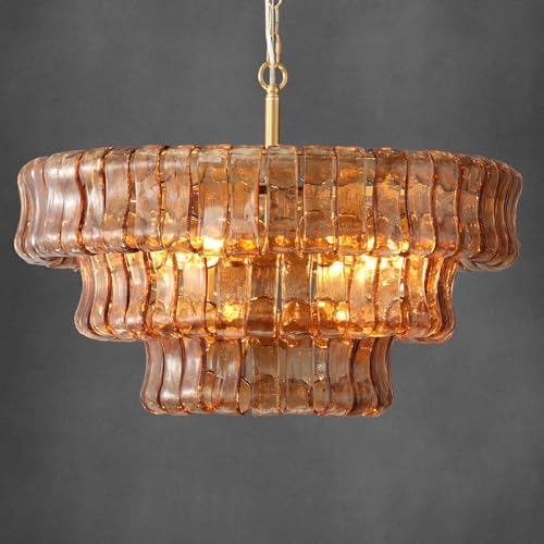 YIOSI Modern Amber Glass Chandelier，23" Gold Round Chandelier for Dining Room, 4-Light Round Drum Kitchen Island Hanging Light Fixture Perfect for Living Room, Bedroom,Kitchen, Foyer by YIOSI