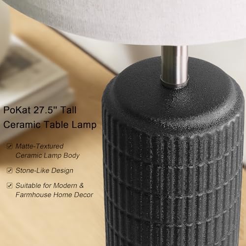 PoKat 27.5'' Tall Table Lamps Set of 2 for Living Room, Matte-Textured Farmhouse Ceramic Bedside Lamps for Bedroom, Modern Nightstand Lamps for Office Sideboard Hallway Home Decor, Matte Black - Image 3